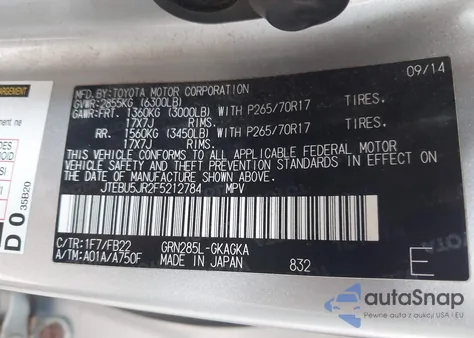 2015 Toyota 4Runner Sr5 из США, поврежденный, VIN JTEBU5JR2F5212784